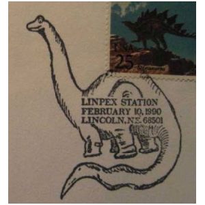 Brontosaurus dinosaur on postmark of USA 1990
