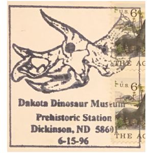 Skull of Triceratops dinosaur on postmark of USA 1996