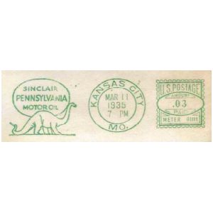 Brontosaurus on meter franking of Sinclair company of USA 1935