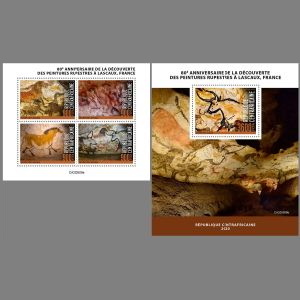 Prehistoric animals on paintig of Lascaux cave on post stamps of Central African Republic 2020
