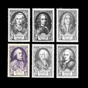 French naturalist and evolutionist George de Buffon as well as other famous persons on stamps of France 1949