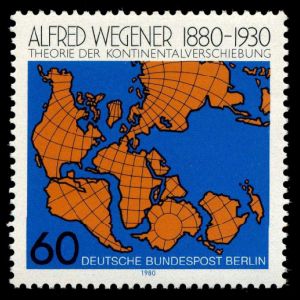 Alfred Wegener and continents drift on stamp of Germany 1980