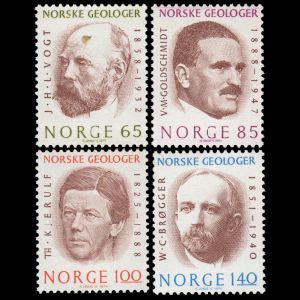Theodor Kjerulf and Waldemar Christofer Brøgger among Geologists on stamps of Norway 1974