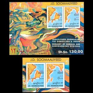 dinosaurs and continents drift on stamps of Somalia 1987