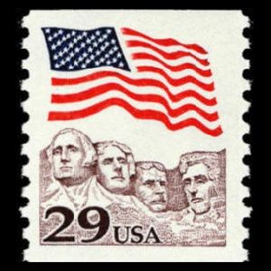 Thomas Jefferson in Mount Rushmore National Memorial on stamp of USA 1991