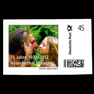 Modern kid and reconstruction of Neanderthal  on personalized stamp of Neanderthal Museum of Germany 2012