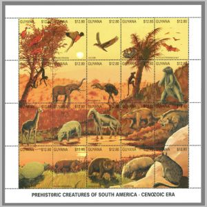 prehistoric animals, dinosaurs on stamps of Guayana 1990