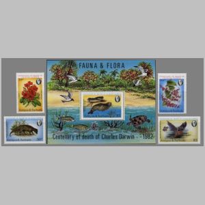 Charles Darwin and modern flora and fauna on stamps of Antigua 1982
