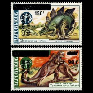dinosaurs on overprinted stamps of Benin 1985