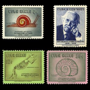 Carlos de la Torre and some fossils on stamps of Cuba 1958