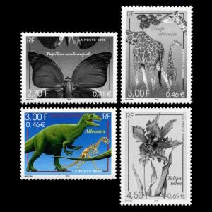 fossil and reconstruction of Allosaurus dinosaur and modern animals on stamps of France 2000
