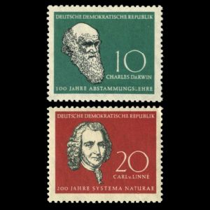 Charles Darwin and Carl Linnei on stamps of Germany (GDR) 1958