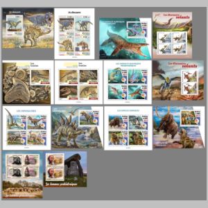 Fossils and reconsructions of prehistoric animals on stamps of Guinea 2020