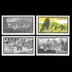 petrified wood, forest, three trunk on tourism stamps of Italy 2000