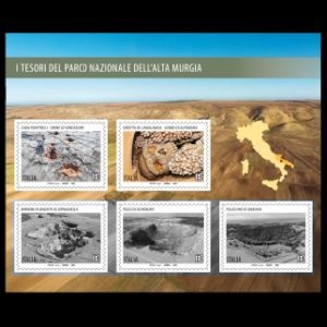 Dinosaur footprints and fossil of prehistoric man from the Alta Murgia National Park on stamps of Italy 2021