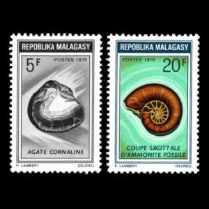 Ammonite in Semi-precious Stones set on stamps of Madagaskar 1970