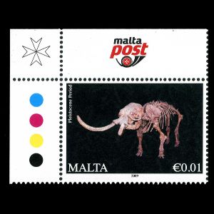 Fossil Elephas falconeri dwarf skeleton on definitive stamp of Malta 2011