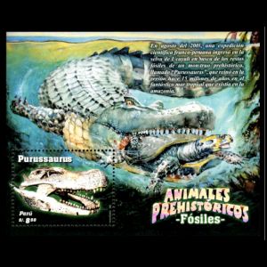 Prehistoric Animal: fossil and reconstruction of Purussaurus on stamps of Peru 2007