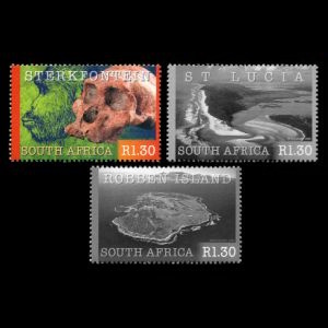 early human, fossil skull and reconstruction of Australopithecus, on stamps of South Africa 2000