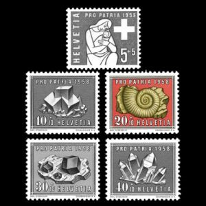fossil of Ammonite and some minerals on Pro Patria stamps of Switzerland 1958