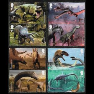 Prehistoric animals, includung dinosaurs on stamp of Great Britain 2024