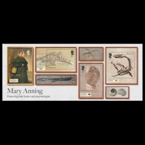 Marry Anning and her fossils on the Age of Dinosaurs stamp of Great Britain 2024