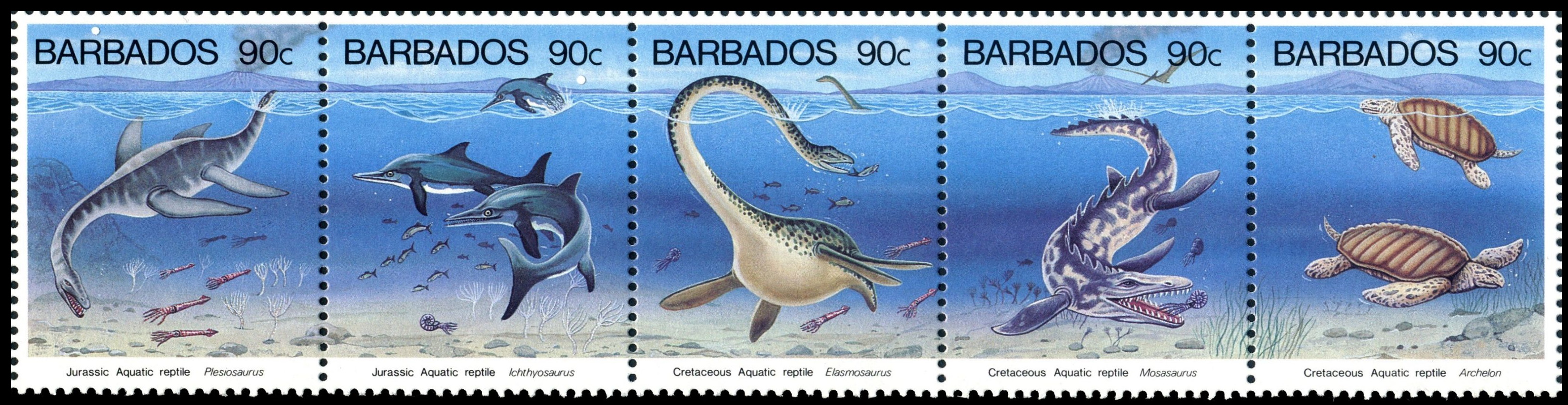 Prehistoric marine animals on stamps and a postmark of Barbados