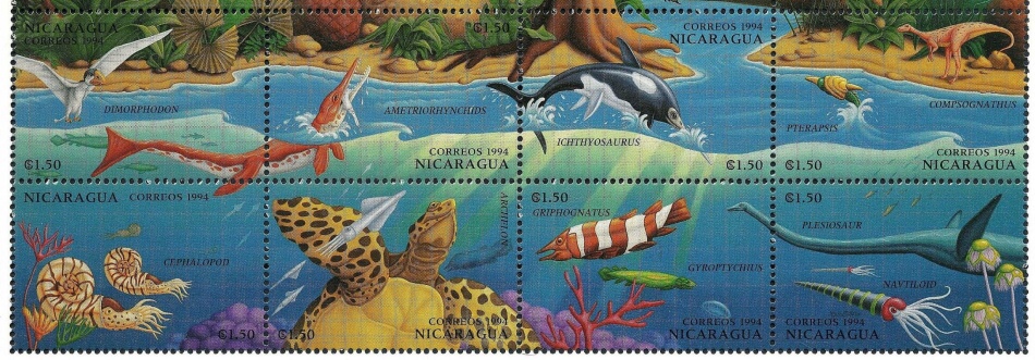 Prehistoric life in Mesozoic era on stamps of Nicaragua 1994