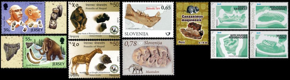 Teeth of Neanderthal and prehistoric animals of postage stamps