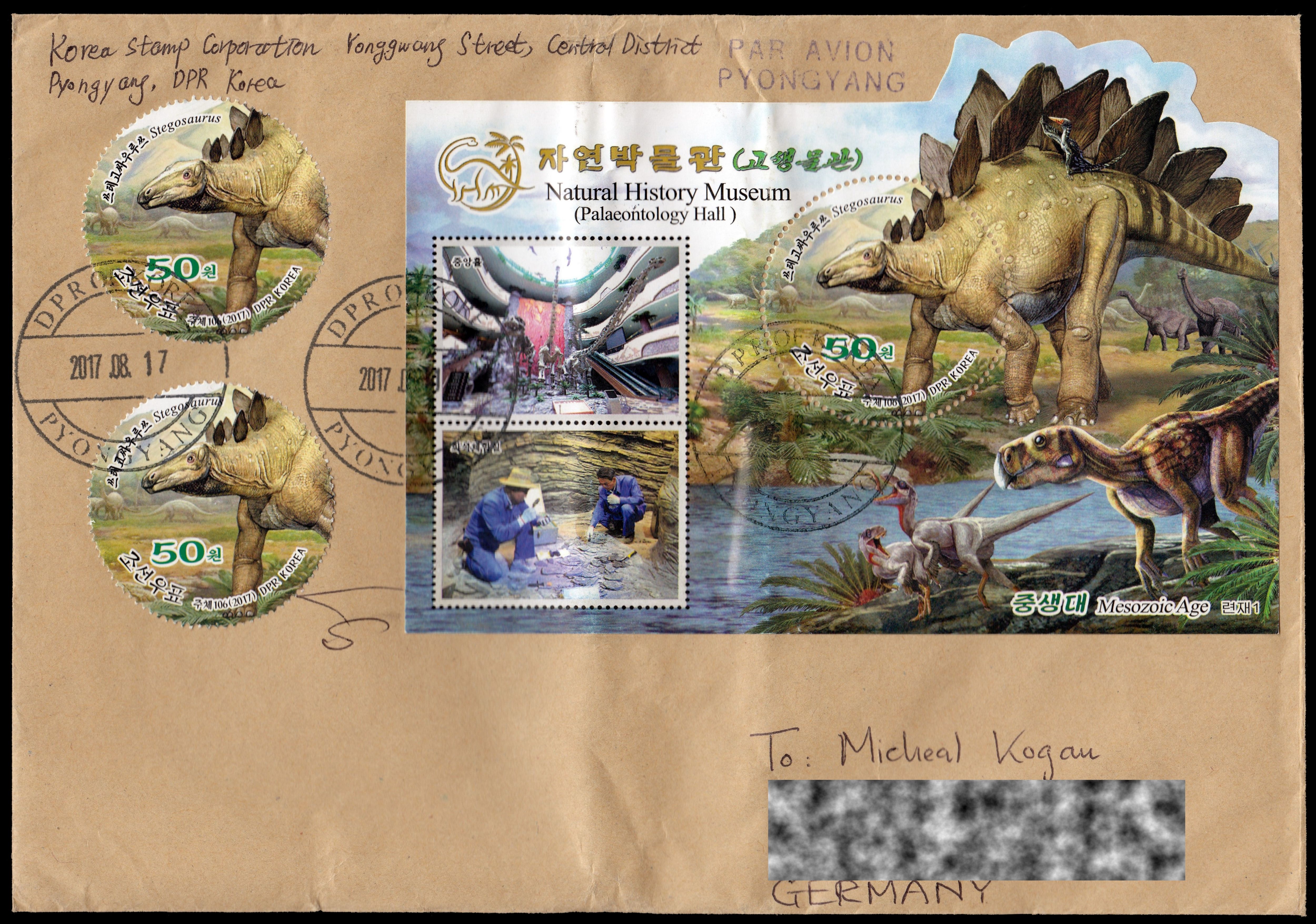 Dinosaur stamps of North Korea on letter to Germany
