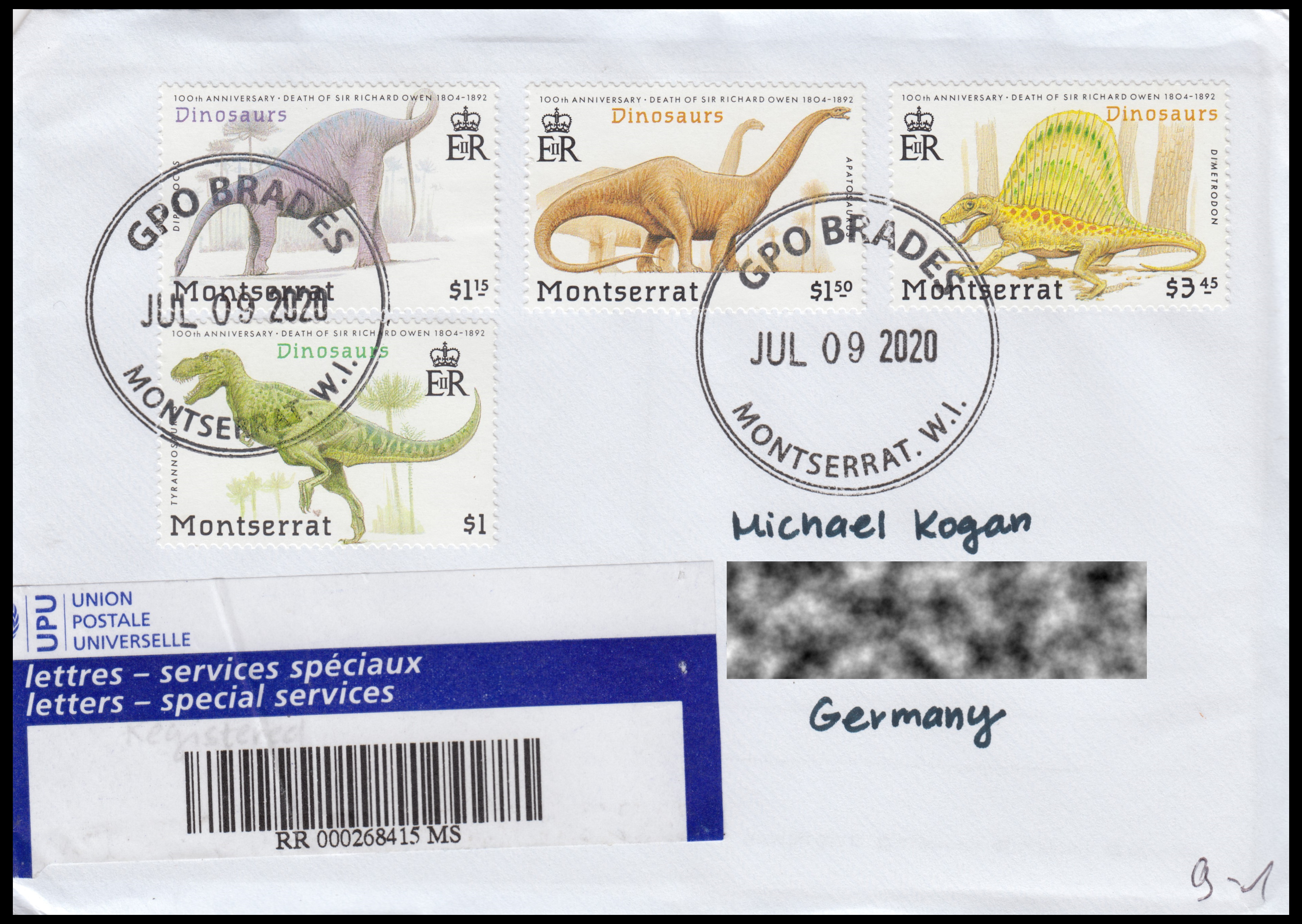Letter with dinosaur stamps of Montserrat to Germanyo