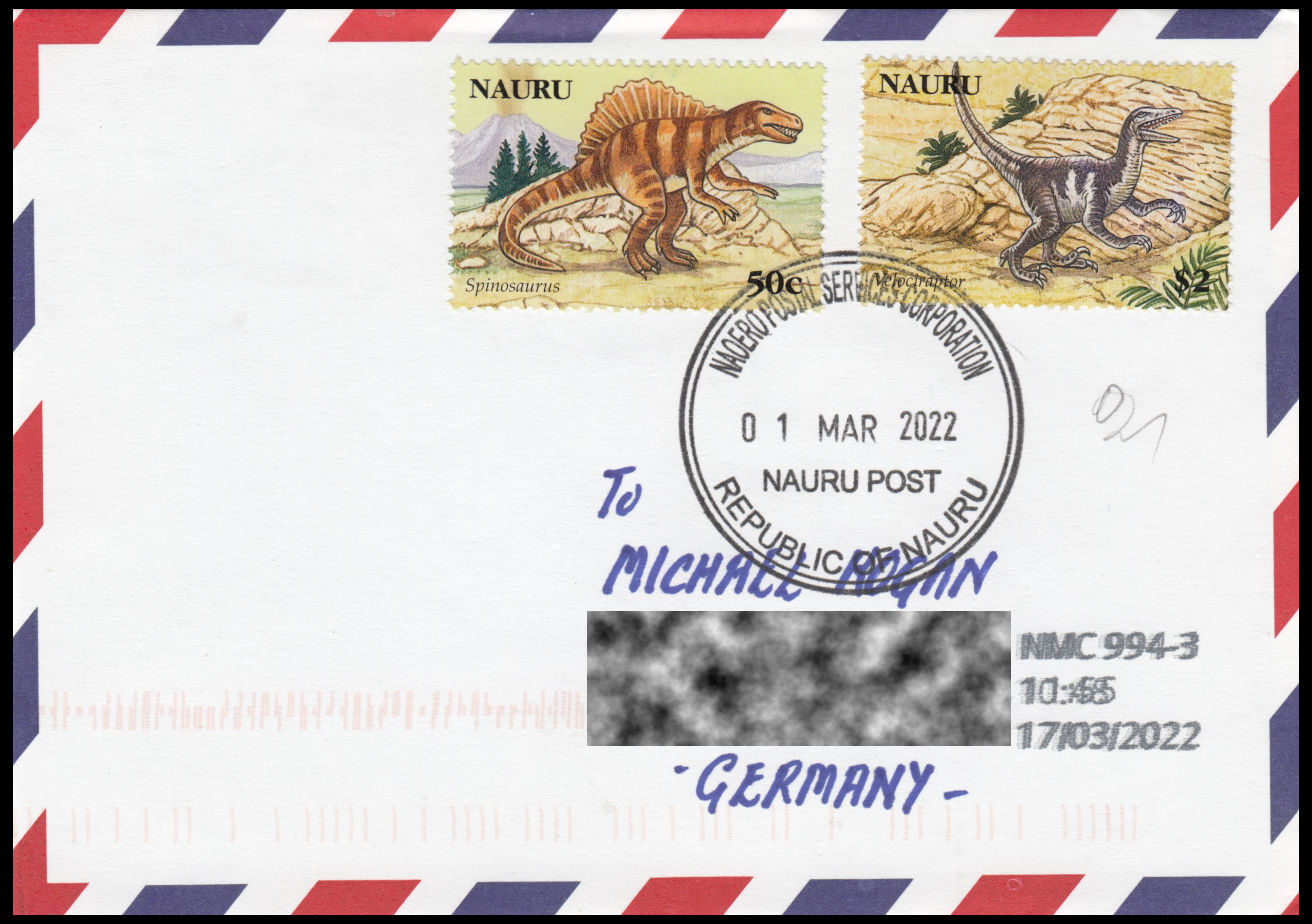 Dinosaur stamps on letter from Nauru to Germany