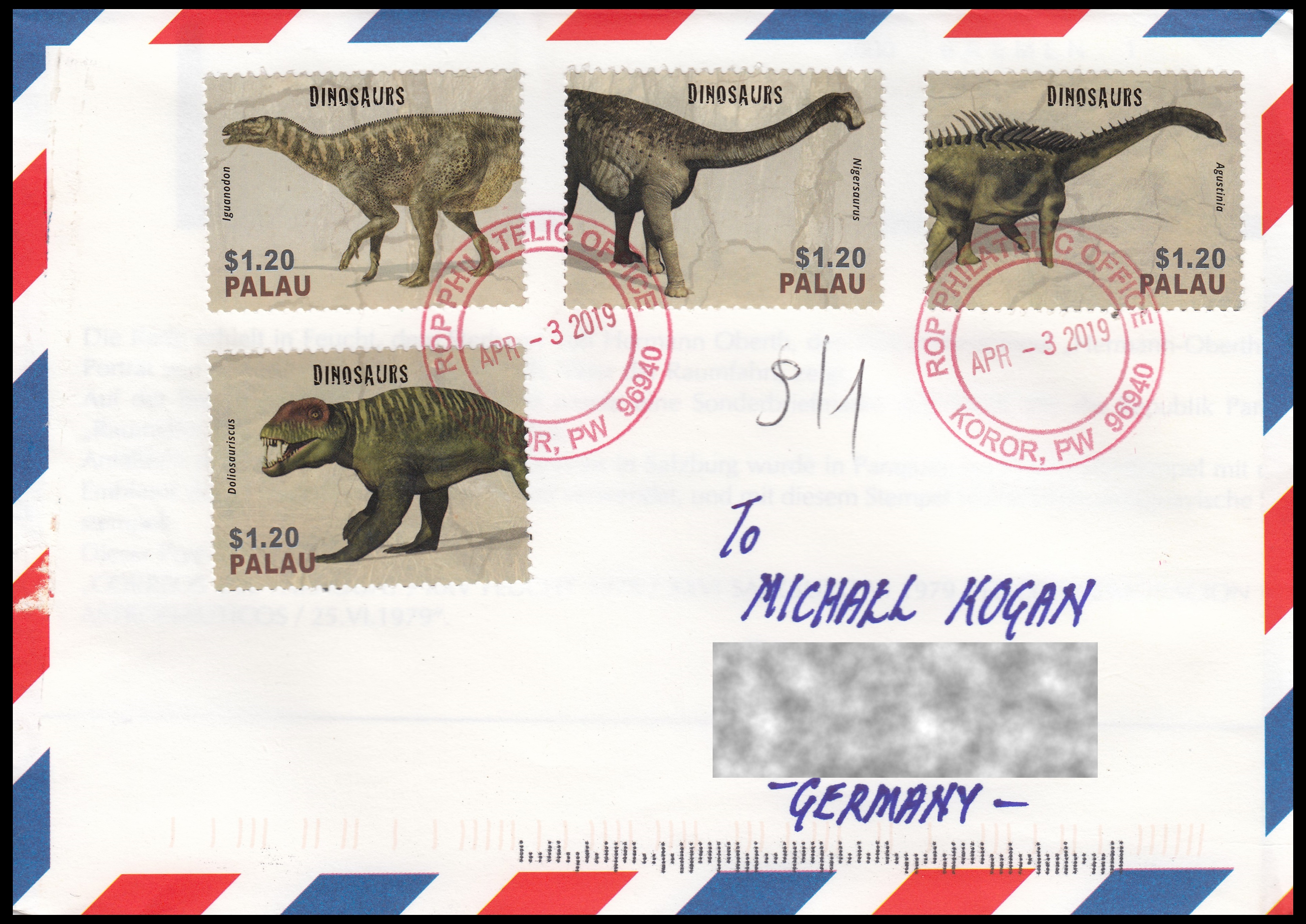 Prehistoric animals stamp on letter of Palau