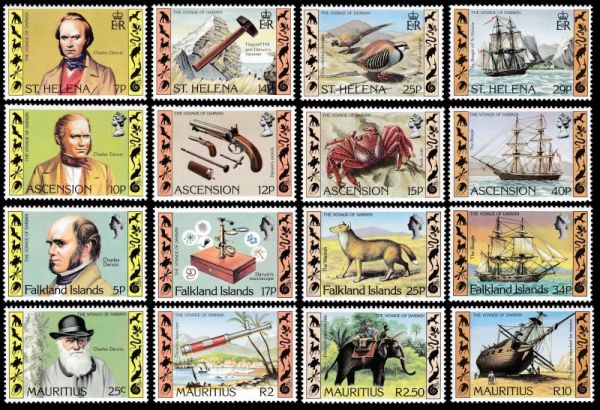 Charles Darwin on stamps of Ascension, Falkland, Mauritius and St. Helena island countries