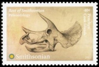 Fossil skull of Triceratops on Paleontology stamp of Penrhyn Island of the Cook Islands 2021